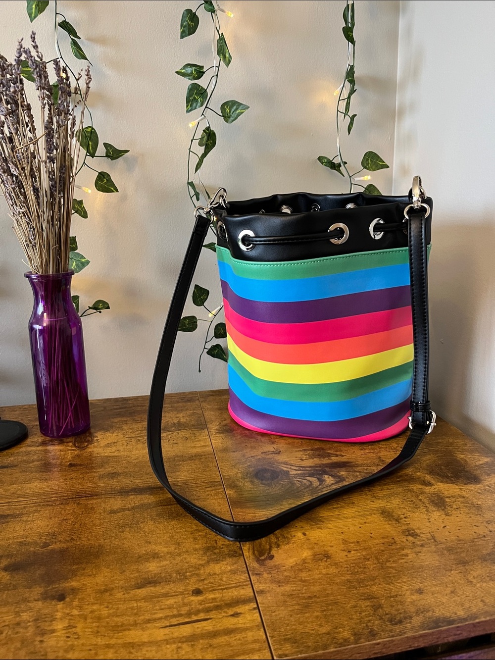 Dolls Kill Rainbow Stripe Bucket Bag with Black Trim